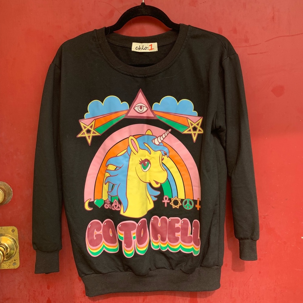 Unicorn "go to hell" sweater. Soft as heck